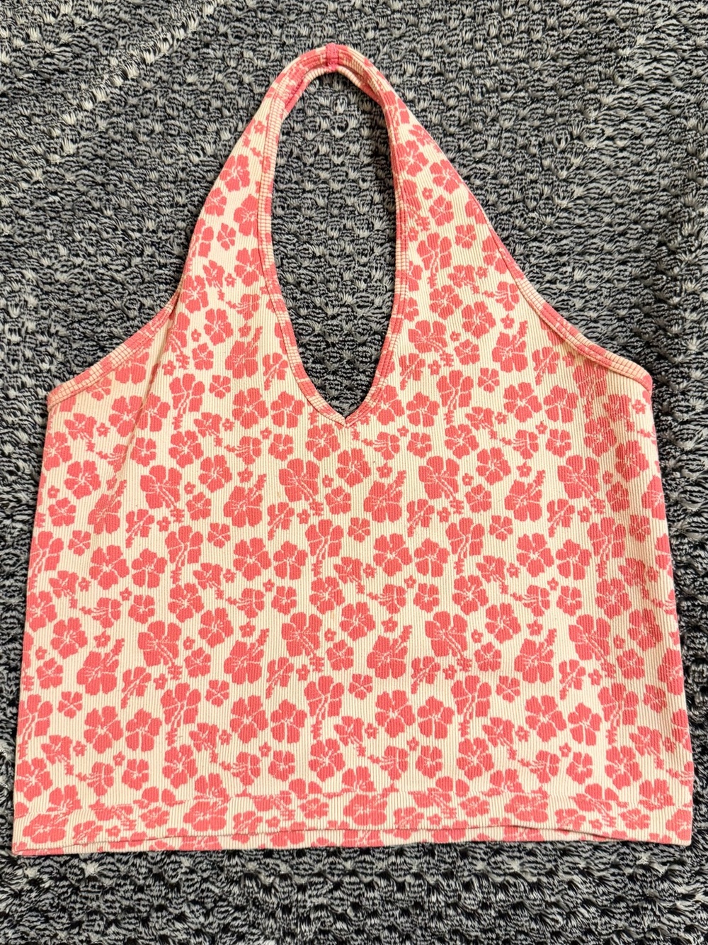 Pink Floral Ribbed Halter Crop Top